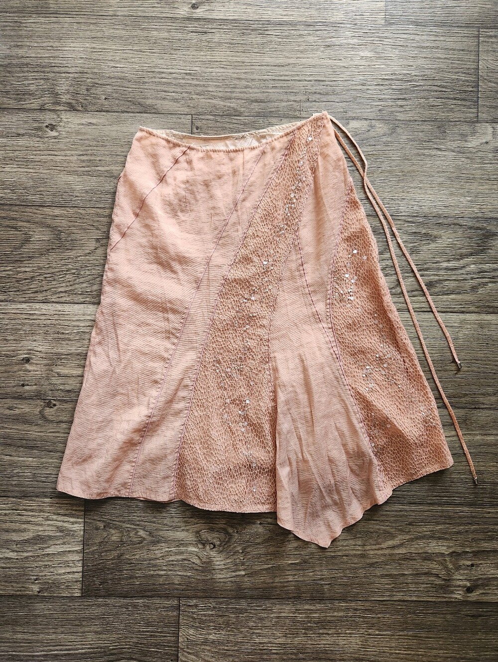 Vintage Y2K Pale Peach Sequin Asymmetrical Midi Skirt Lace Boho